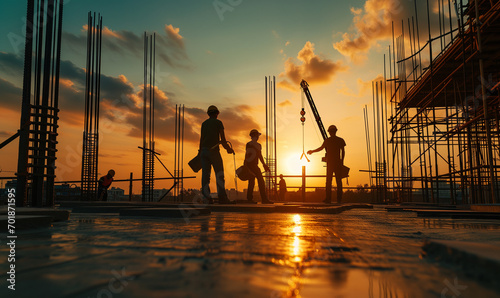  silhouette construction worker Concrete pouring during commercial concreting floors of building in construction site and Civil Engineer or Construction engineer inspect work