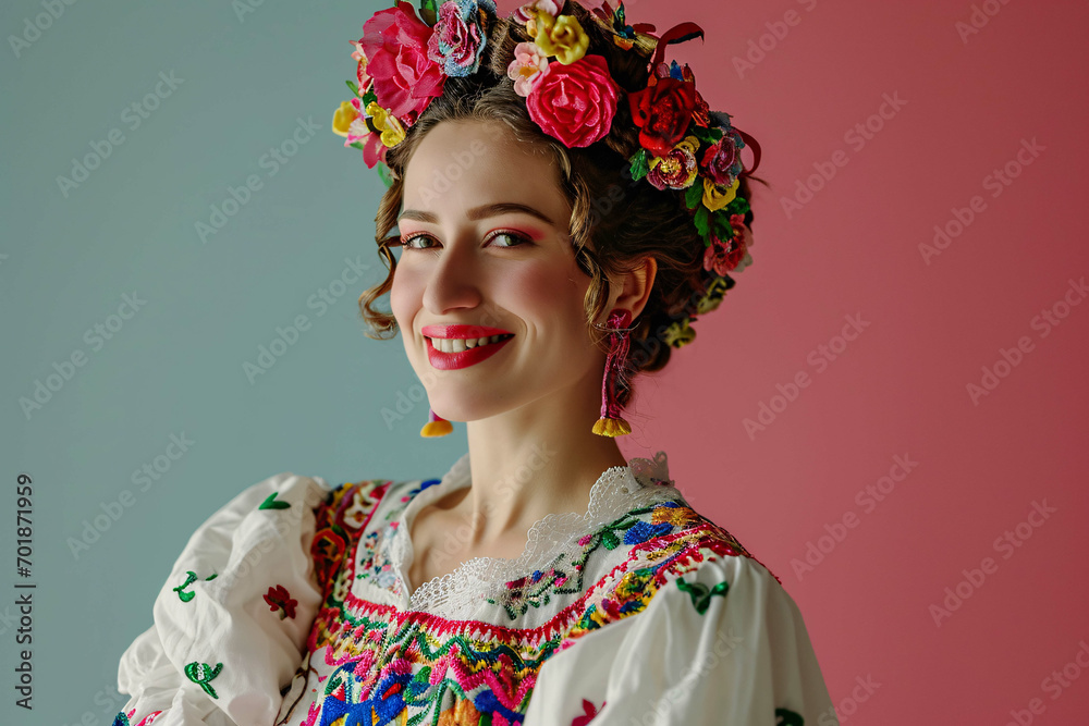 portrait of a Hungarian woman with flower crown, Hungarian Woman in Matyó Folk Costume with Floral Embroidery portrait of a Hungarian woman with flower crown, Hungarian Woman in Matyó Folk Costume with Floral Embroidery