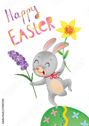 easter bunny with easter egg, text and spring flowers on white background