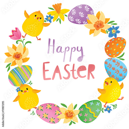 easter greeting card with eggs, chickens and flowers