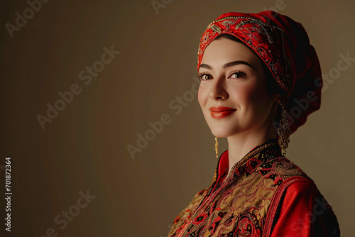 portrait of a Turkish woman, Turkish woman in Ottoman-inspired dress, fez, Model photography, Traditional Attire, copyspace
