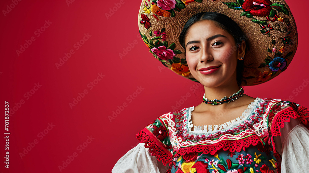 portrait of a woman in a Mexican Traditional costume, Mexican woman in a traditional floral embroidered dress, sombrero, isolated on monochrome pastel color background