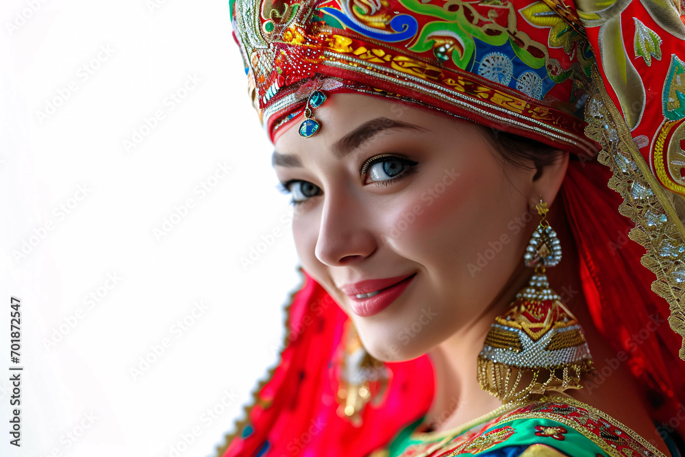 portrait of a Russian woman, Russian Woman in Colorful Sarafan, russian traditional attire, cultural photography portrait of a Russian woman, Russian Woman in Colorful Sarafan, russian traditional attire, cultural photography