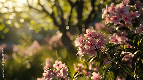 Pink rhododendron flowers in the garden at sunset.