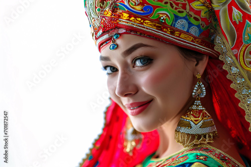 portrait of a Russian woman, Russian Woman in Colorful Sarafan, russian traditional attire, cultural photography photo