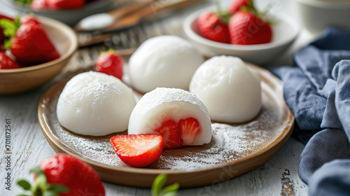 Delicious Japanese Asian dessert on white table. White mochi made of white rice flour and filled with fresh strawberries berries. photo