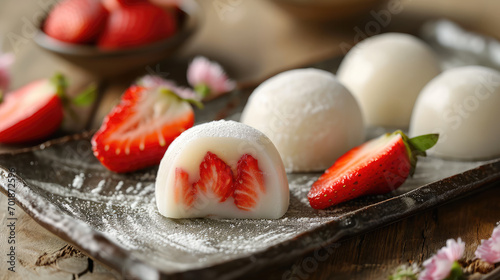 Delicious Japanese Asian dessert on wooden table. White mochi made of white rice flour and filled with fresh strawberries berries. photo