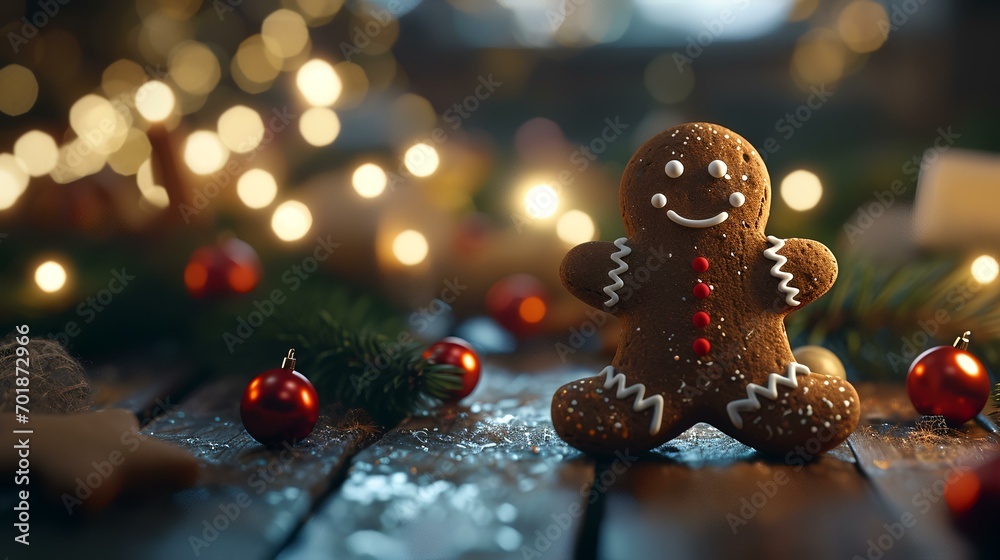 Christmas gingerbread man on wooden table with bokeh lights background Christmas gingerbread man on wooden table with bokeh lights background