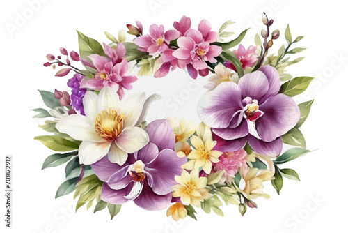 AI generated watercolor bouquet. watercolor flowers and leaves illustration for wedding, greetings, stationary, wallpapers, fashion, background. rose, blossom, olive, green leaves, Eucalyptus etc