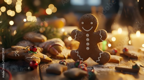 Gingerbread man with Christmas decoration on bokeh background