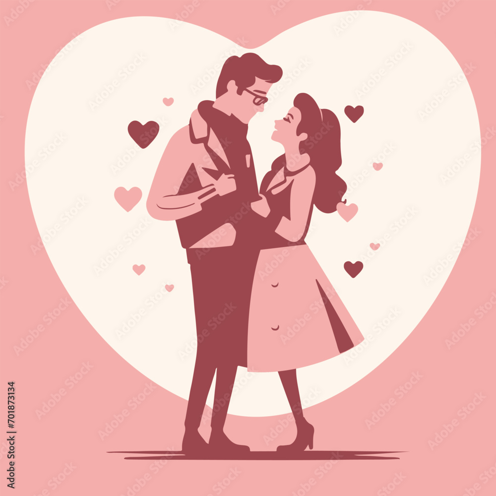 A romantic couple in love together, for Valentine's Day, for Valentine's Day, hearts are depicted around them, a minimum number of colors are used. Vector illustration. A romantic couple in love together, for Valentine's Day, for Valentine's Day, hearts are depicted around them, a minimum number of colors are used. Vector illustration.