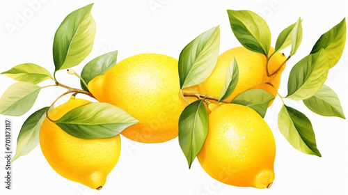 Fresh yellow lemon with leaves on white background