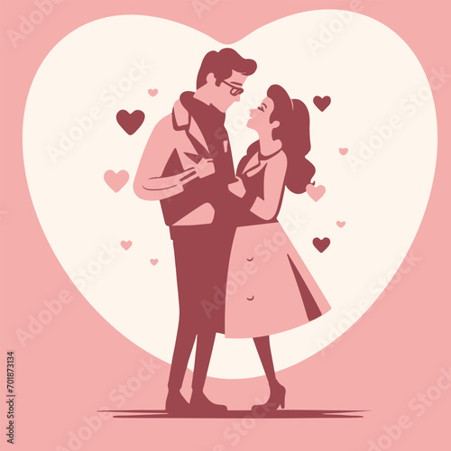 A romantic couple in love together, for Valentine's Day, for Valentine's Day, hearts are depicted around them, a minimum number of colors are used. Vector illustration.