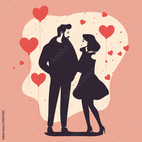 A romantic couple in love together, for Valentine's Day, for Valentine's Day, hearts are depicted around them, a minimum number of colors are used. Vector illustration.