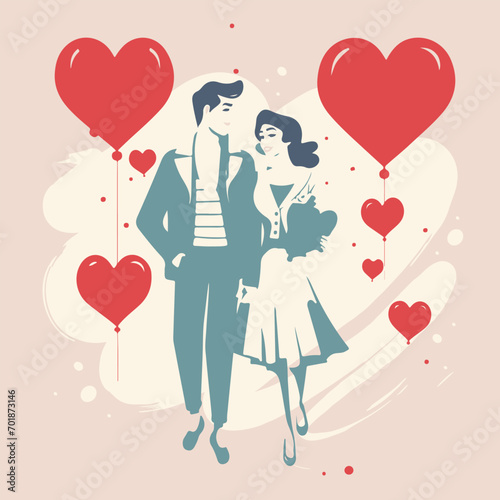 A romantic couple in love together, for Valentine's Day, for Valentine's Day, hearts are depicted around them, a minimum number of colors are used. Vector illustration.