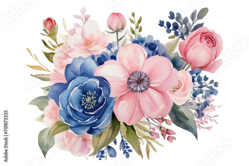 AI generated watercolor bouquet. watercolor flowers and leaves illustration for wedding, greetings, stationary, wallpapers, fashion, background. rose, blossom, olive, green leaves, Eucalyptus etc