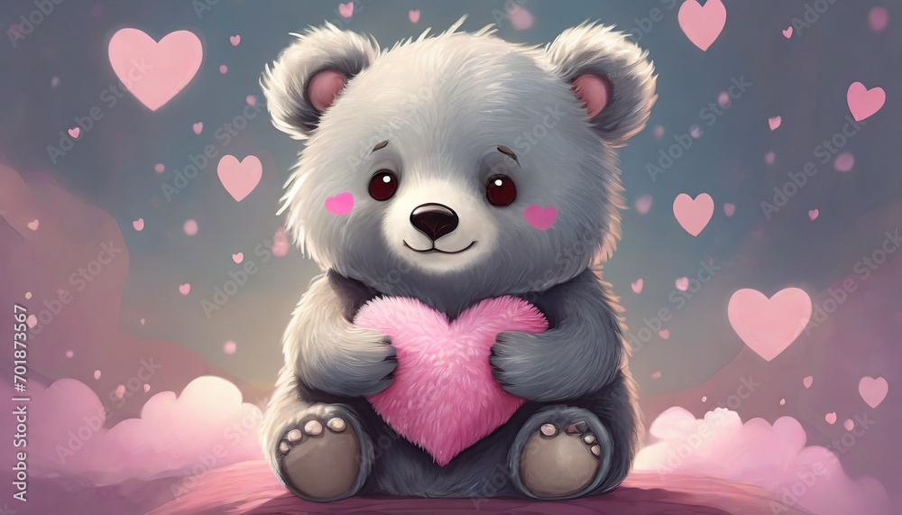 cute fluffy teddy bear holding pink heart and smile gift card for valentines day, romantic concept