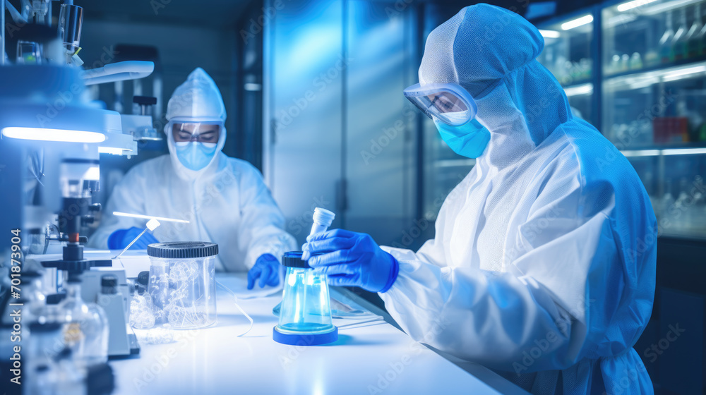 Two scientists in full protective suits, including masks and gloves, are conducting research in a high-tech laboratory environment, using microscopes and other scientific equipment.