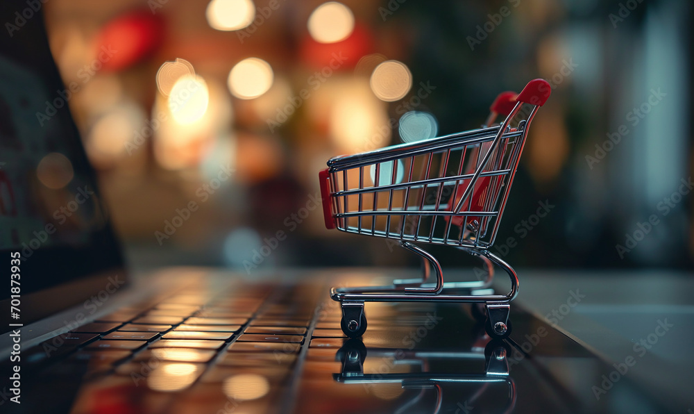 Online shopping concept with miniature shopping cart standing in front of laptop Online shopping concept with miniature shopping cart standing in front of laptop