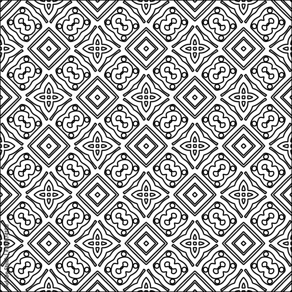 Black pattern on white wallpaper for web page, textures, card, poster, fabric, textile. Abstract background.Repeating background image.White texture. Lines form shapes.