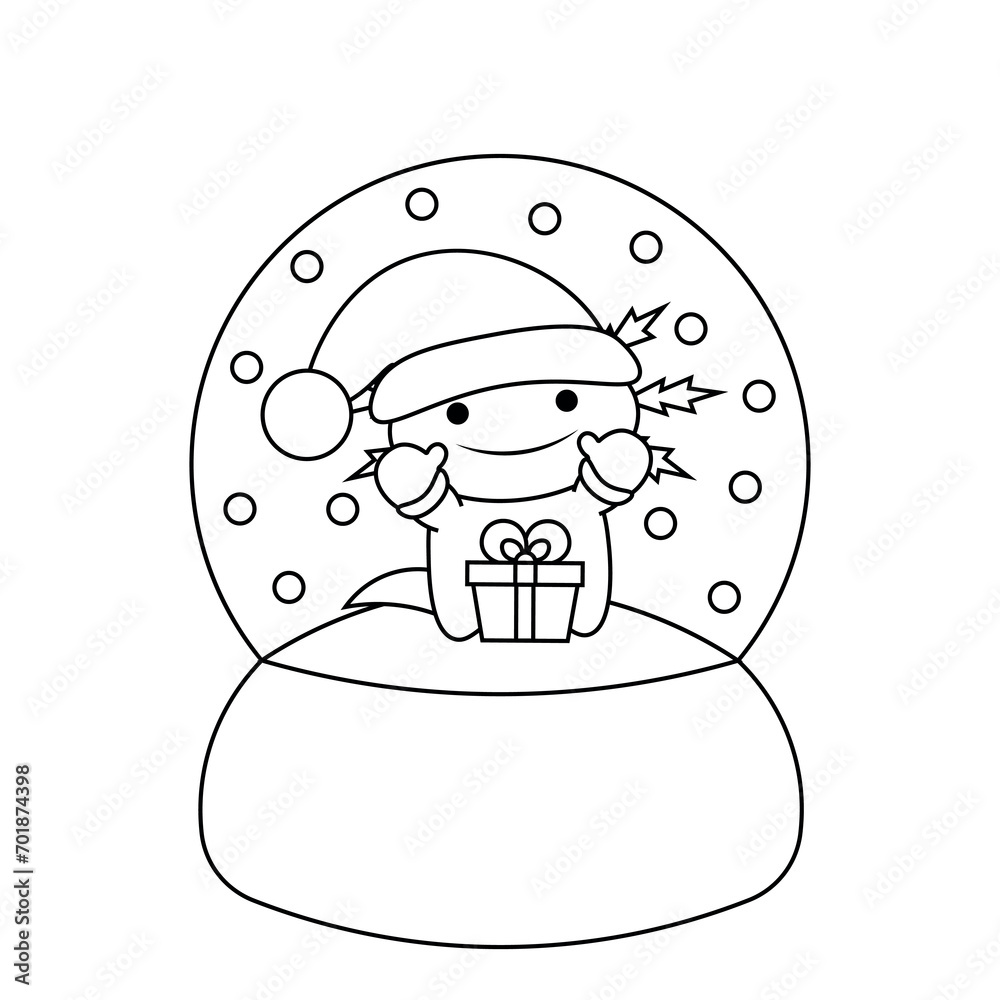 Snow globe with cute Axolotl with gift box in black and white Snow globe with cute Axolotl with gift box in black and white
