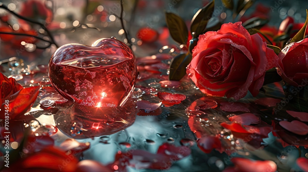 Valentine's day background with red rose and glass heart Valentine's day background with red rose and glass heart