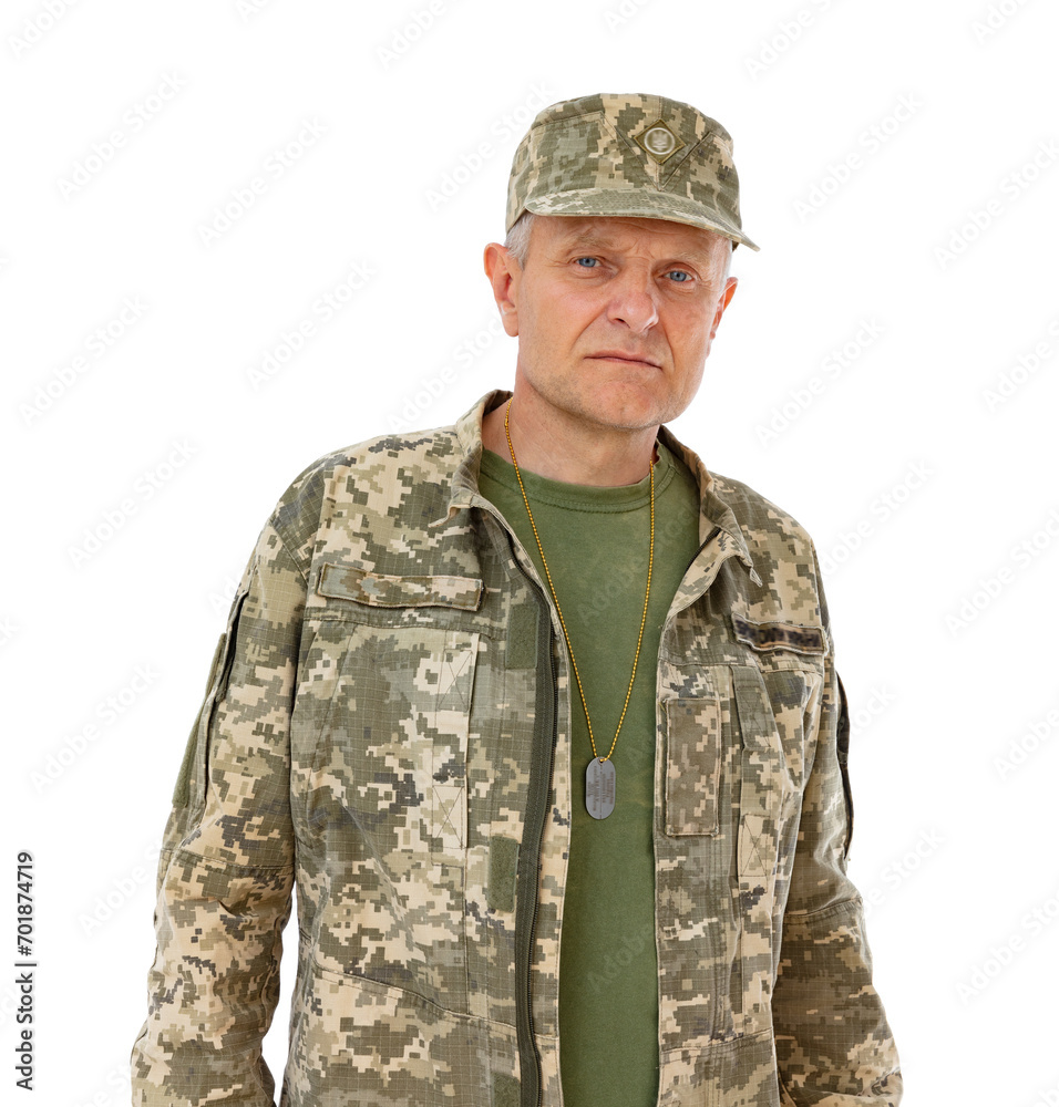 Portrait of old Ukrainian defender with a soldier's medallion around his neck anxiously looks to the camera, isolated on white background. Ukraine army soldier posing in studio. Stand for Ukraine. Portrait of old Ukrainian defender with a soldier's medallion around his neck anxiously looks to the camera, isolated on white background. Ukraine army soldier posing in studio. Stand for Ukraine.