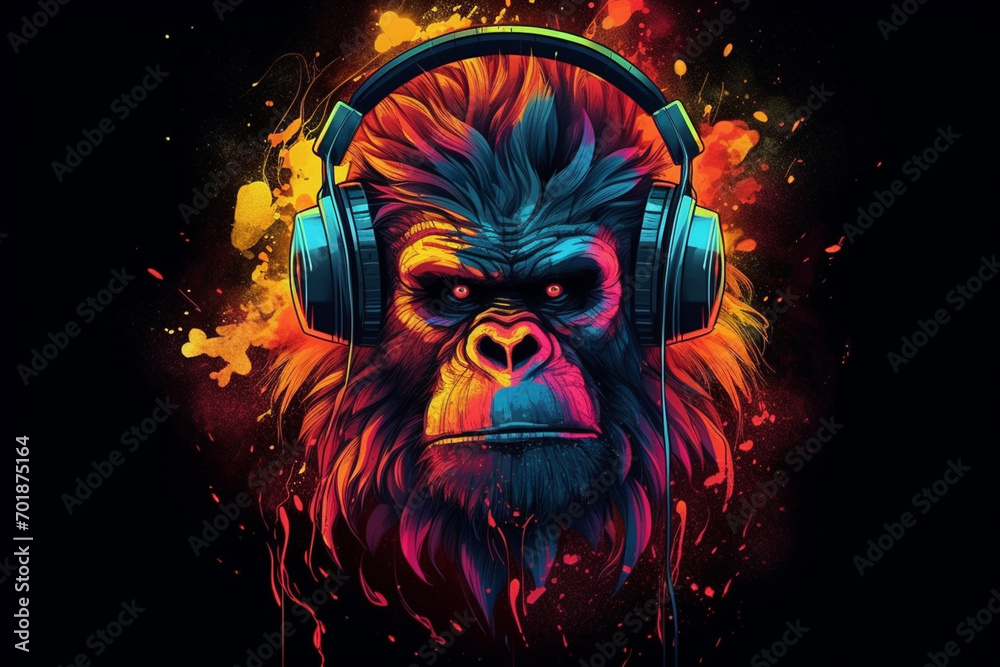 Gorilla with headphones and fire flames on a black background.