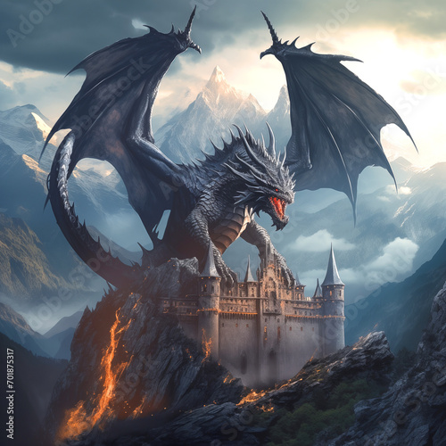 In the magnificent scenery, there is a dragon guarding an eerie structure.
