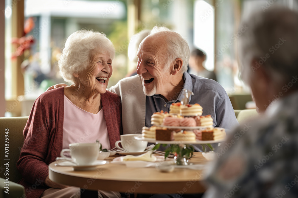A happy elderly couple celebrating their anniversary in a cafe
