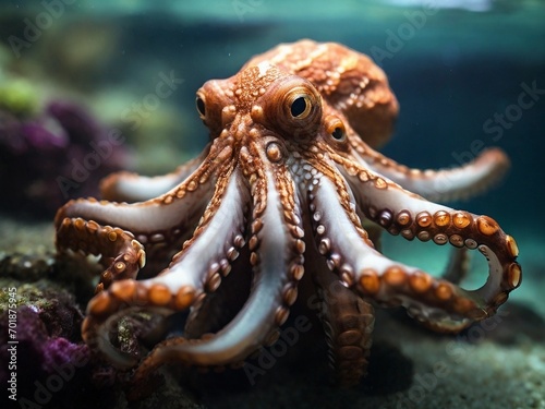 Octopus in the aquarium. Close up view of a marine animal. © dian