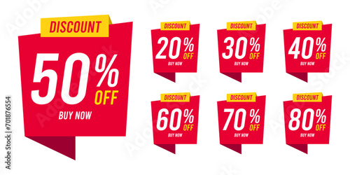 Tag sale discounts from 20, 30, 40, 50, 60, 70, 80, 90 percent. Trendy red sales promotion banner element. Vector illustration