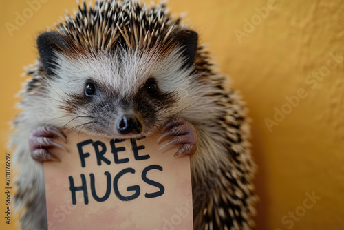 Fotótapéta A cute hedgehog holding a sign saying Free Hugs isolated on a yellow background