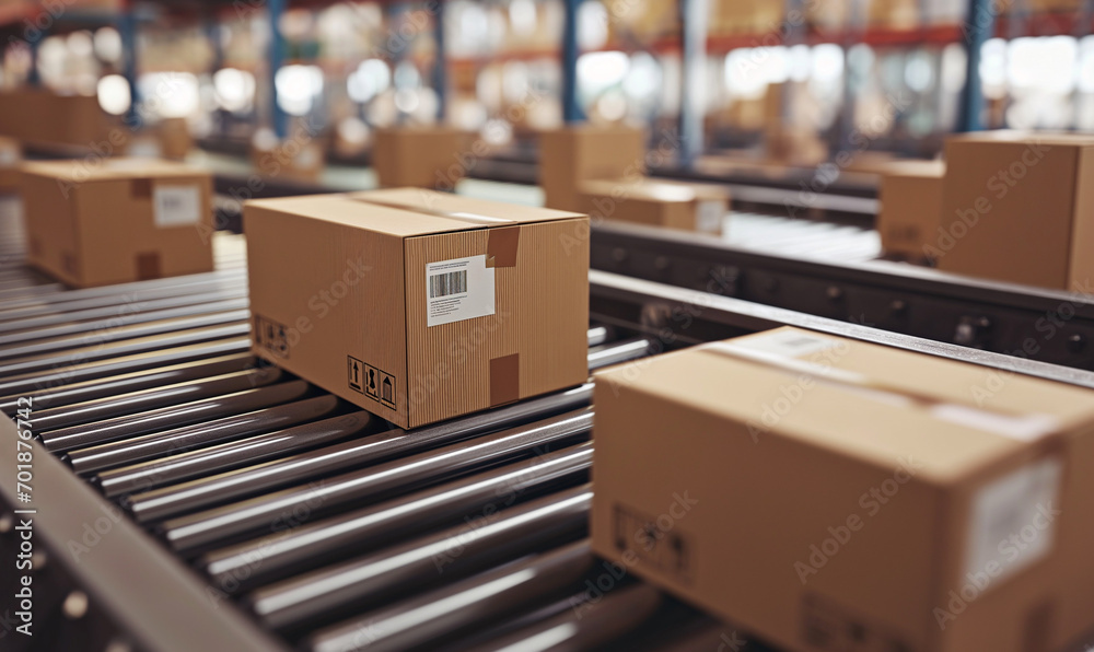Closeup of multiple cardboard box packages seamlessly moving along a conveyor belt in a warehouse fulfillment center, a snapshot of e-commerce, delivery, automation, and products