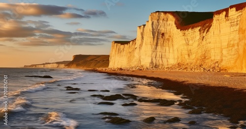 The Mesmerizing Scene of Sunset Over the Chalk Cliffs by the Atlantic Waters. Generative AI