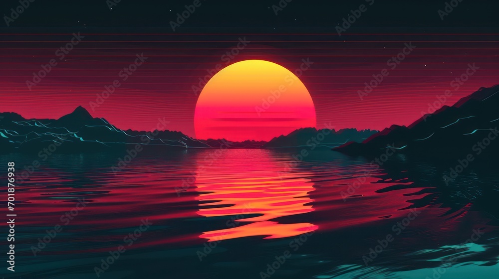 Sun and landscape in a retro background, characterized by vintage colors and minimalist shapes. - obrazy, fototapety, plakaty 