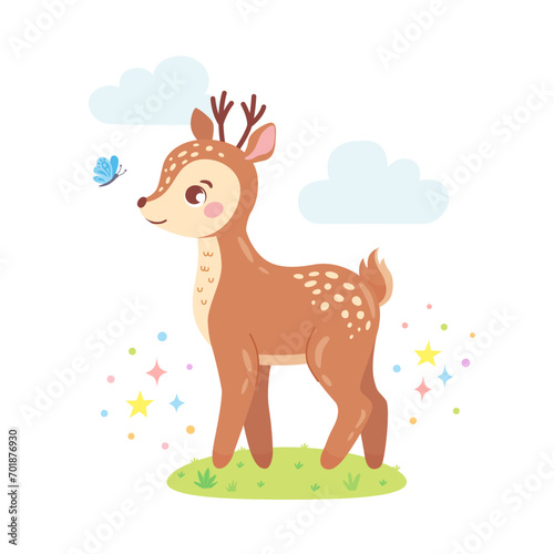 Cute little deer standing on grass and playing with butterfly. Forest baby animal. Funny childish character for greeting card, poster, kid clothing, cover, invitation or print design. Vector