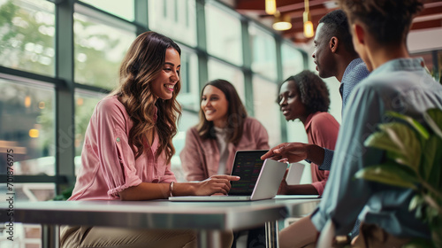 Diverse group of four young professionals or friends  gathered around a laptop at a modern workspace  collaborating or discussing