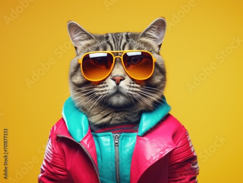 A superstar cat wearing suit and sunglasses, vibrant colors