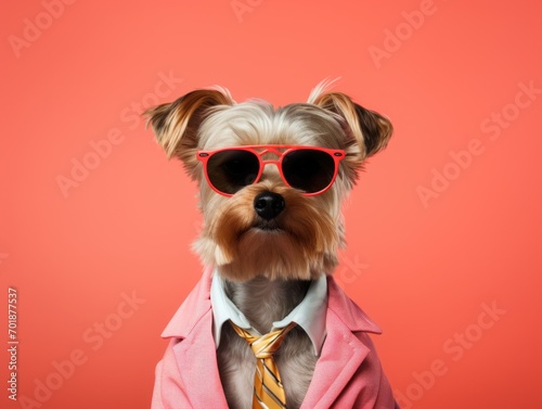 A superstar dog wearing suit and sunglasses, vibrant colors