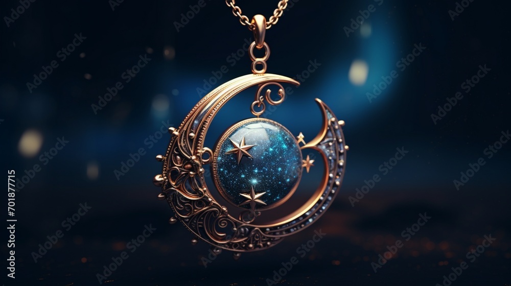 A pendant shaped like a celestial moon, suspended against a background of a starry night sky. A pendant shaped like a celestial moon, suspended against a background of a starry night sky.
