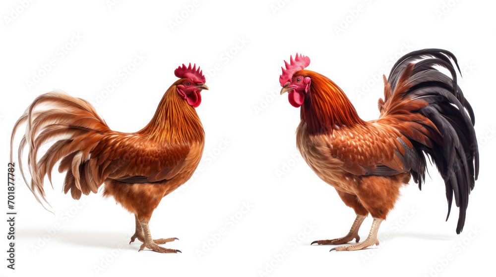 colorful free range male rooster isolated on white background with clipping path.