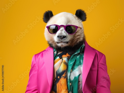 A superstar panda wearing suit and sunglasses, vibrant colors © YamunaART