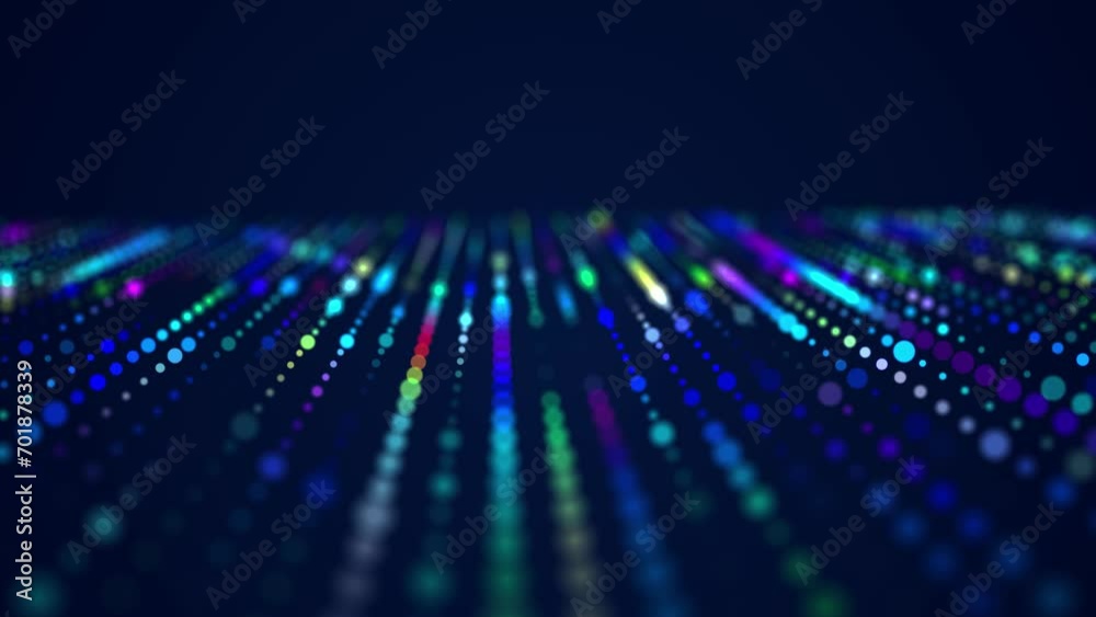Digital background with musical glowing particles. Big data visualization. 3d. Seamless loop.