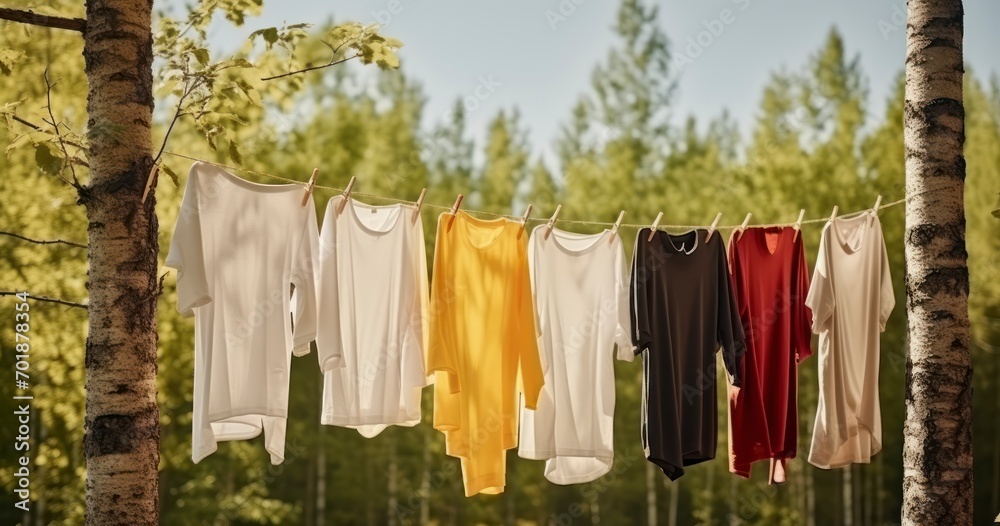 Clothes Gently Hanging on a Rope Between Birch Trees in a Natural Setting. Generative AI Clothes Gently Hanging on a Rope Between Birch Trees in a Natural Setting. Generative AI