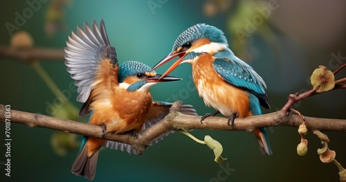 A Pair of Common Kingfishers, Alcedo atthis, Resting Gracefully on a Twig. Generative AI photo