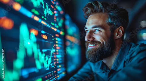 smiling man with a beard looks at multiple computer screens showing colorful financial charts, indicating a positive trend in the stock market