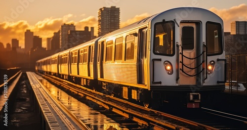 The Enchanting View of a Train Gliding Through the Dusk's Warm Glow. Generative AI