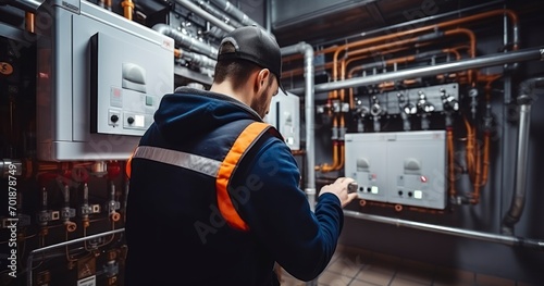 The technician checking the heating system in the boiler room. Generative AI photo