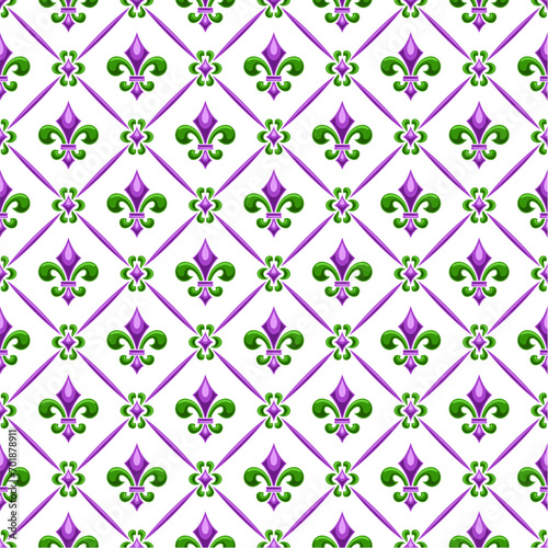 Vector Fleur de Lis Seamless Pattern, repeating background with illustrations of lattice pattern and green fleur de lis in rhombus cells, square poster with french purple ornament on white background
